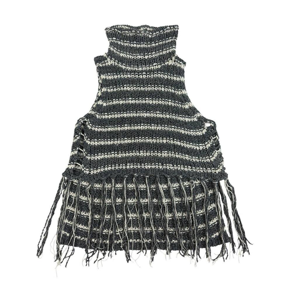 Free People Fringe Turtleneck Sweater Tank XS Chunky Knit Gray Cream Striped - Picture 2 of 8